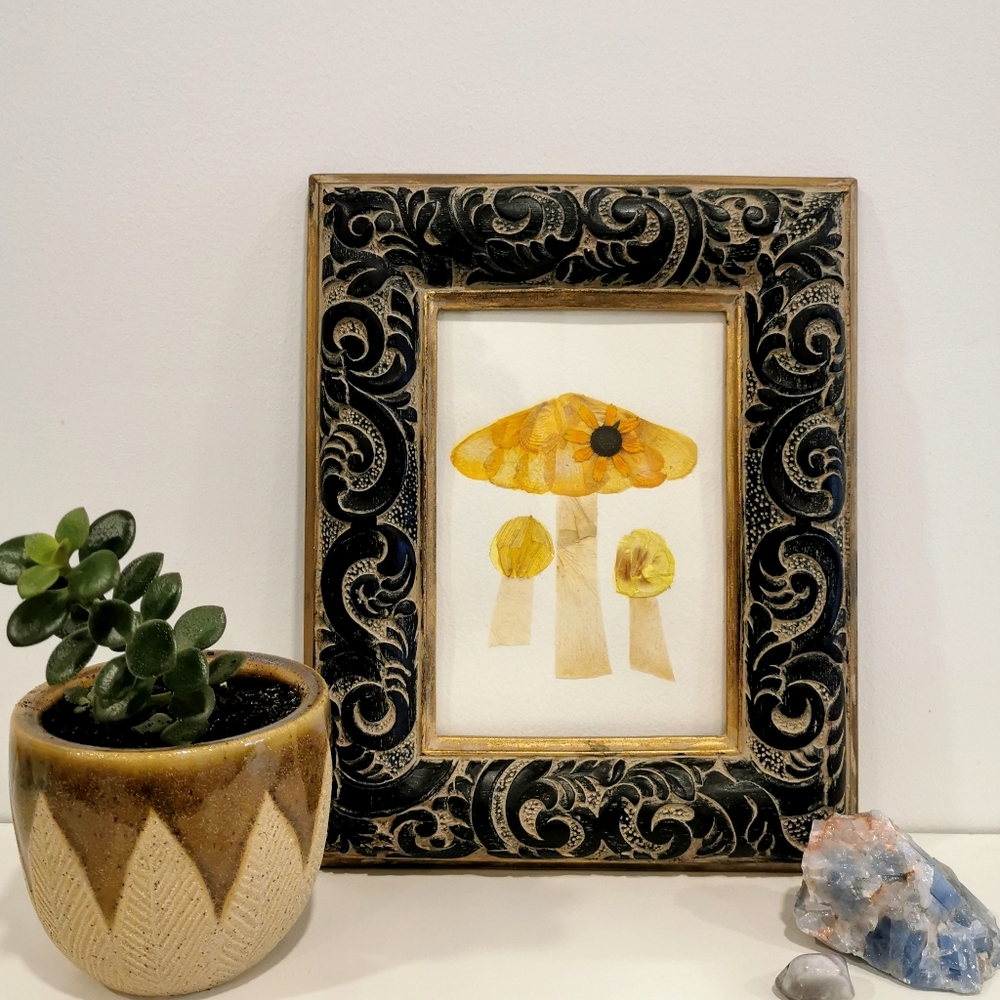 5x7 real pressed flower mushroom original artwork, yellow botanical fungi art
